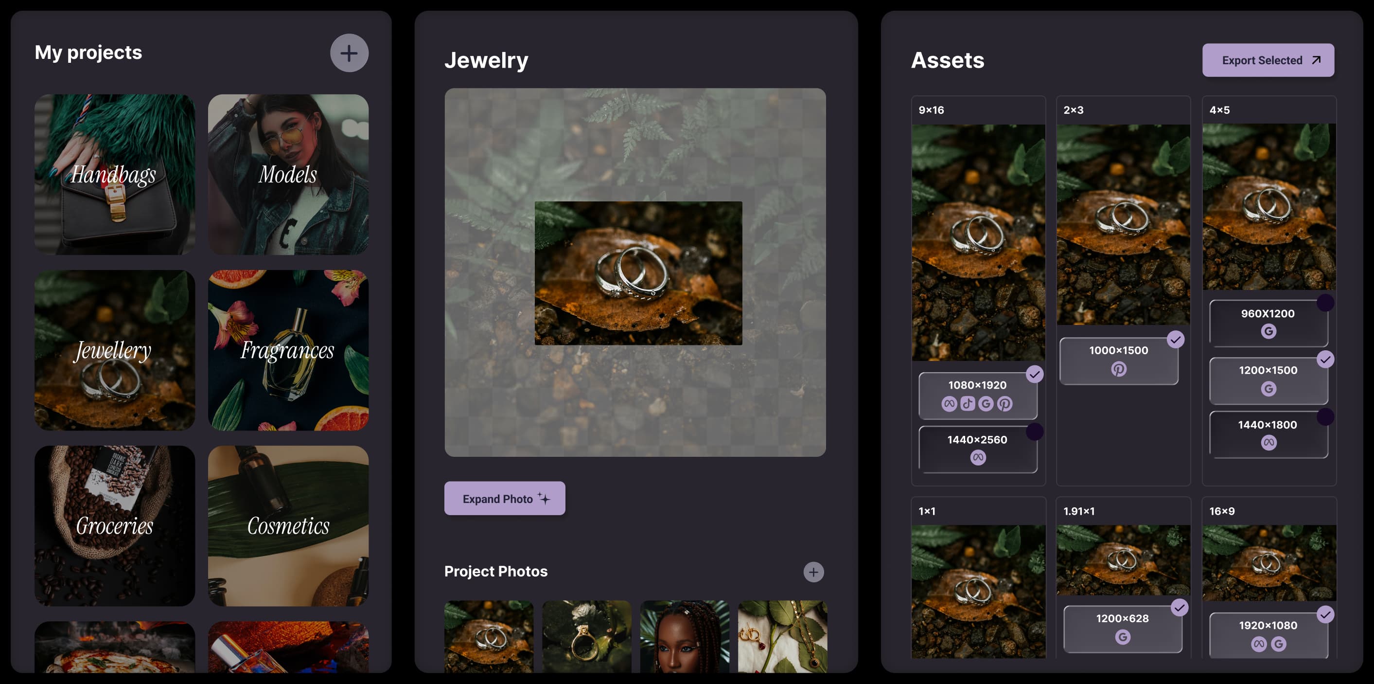 Bossaid automated resizing showing one product photo expanded to multiple ad formats